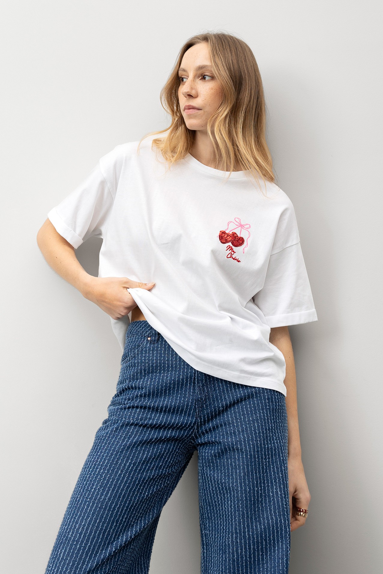 White Cherry Embroidered Tee