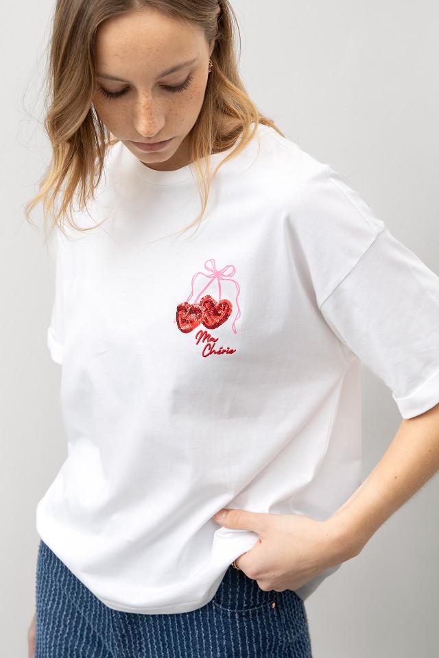 White Cherry Embroidered Tee