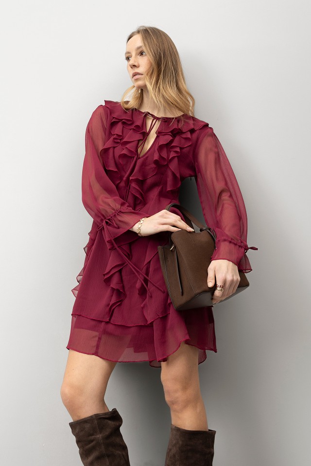 Wine-Toned Ruffled Dress