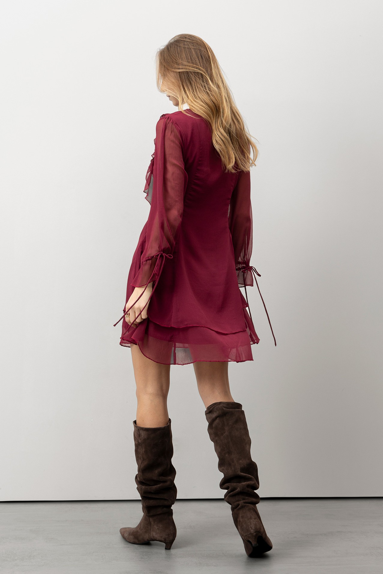 Wine-Toned Ruffled Dress