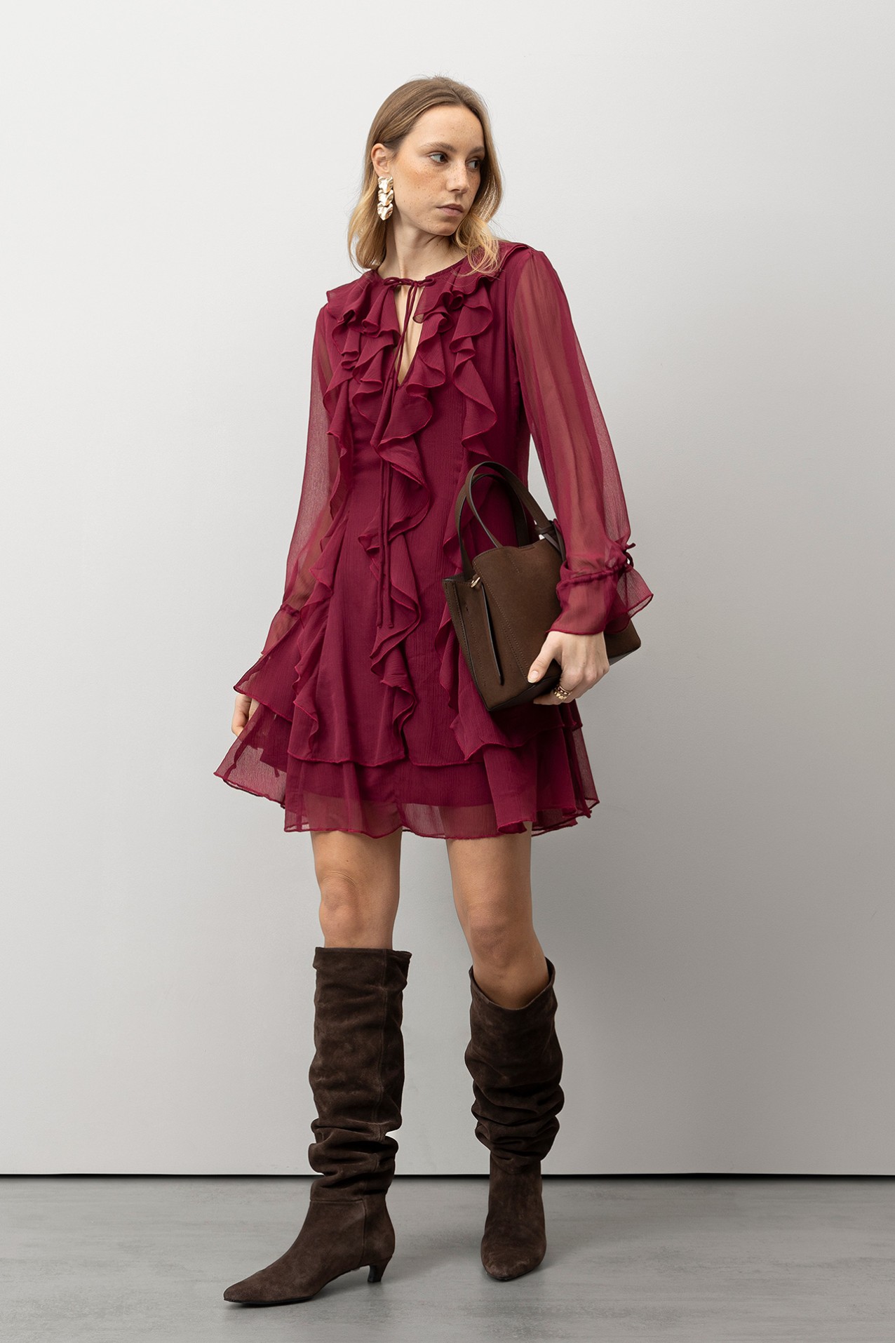 Wine-Toned Ruffled Dress
