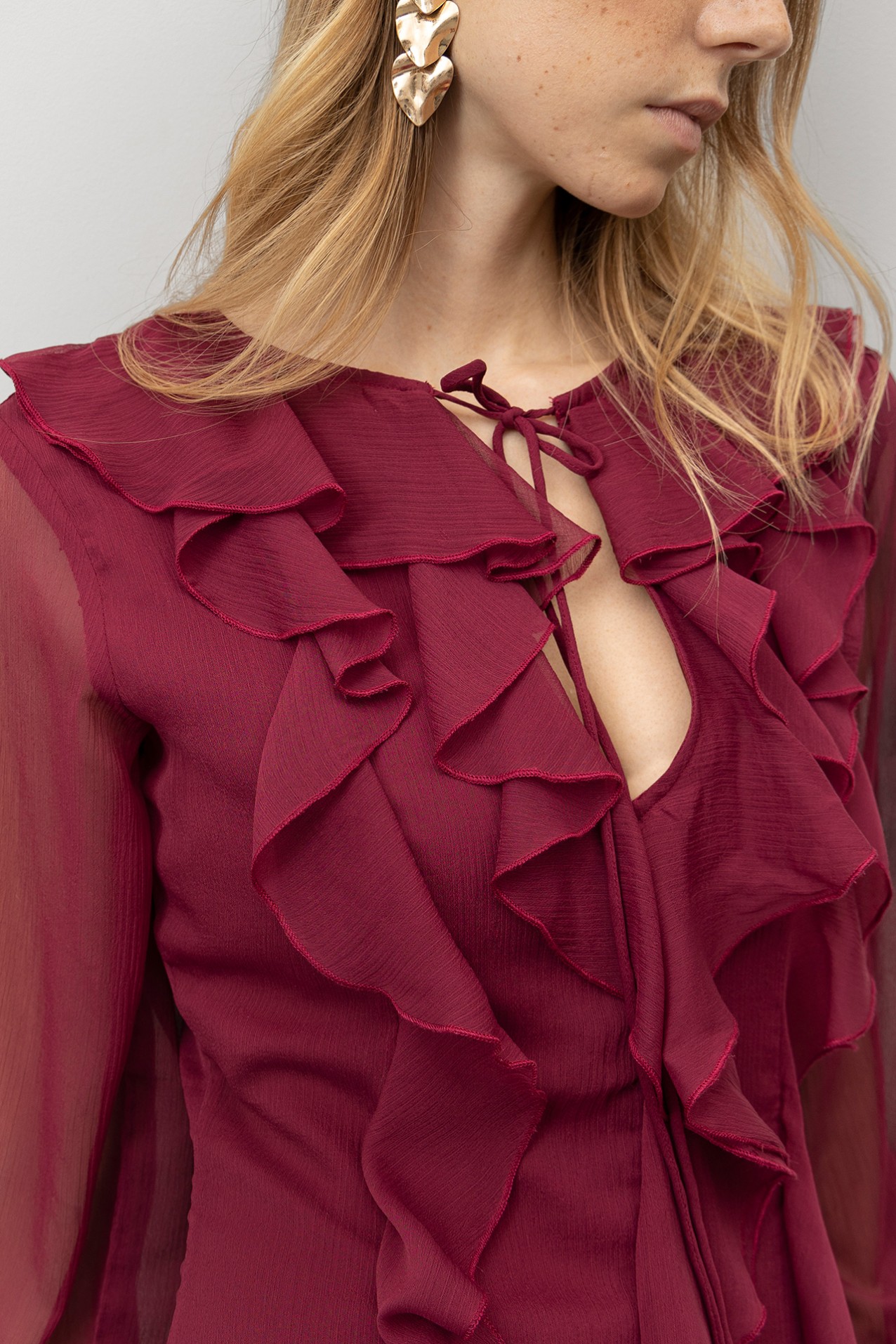 Wine-Toned Ruffled Dress
