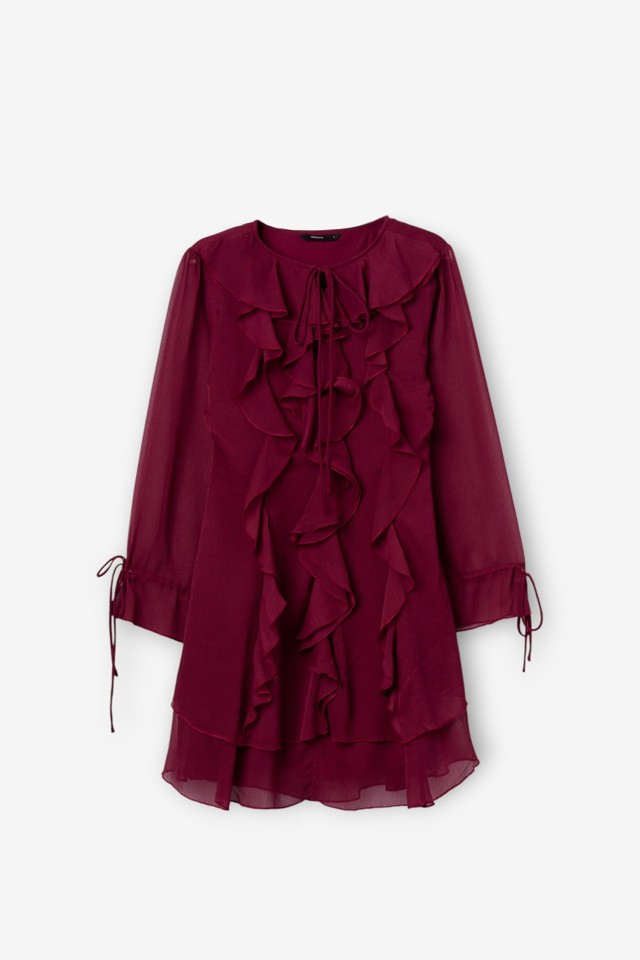 Wine-Toned Ruffled Dress