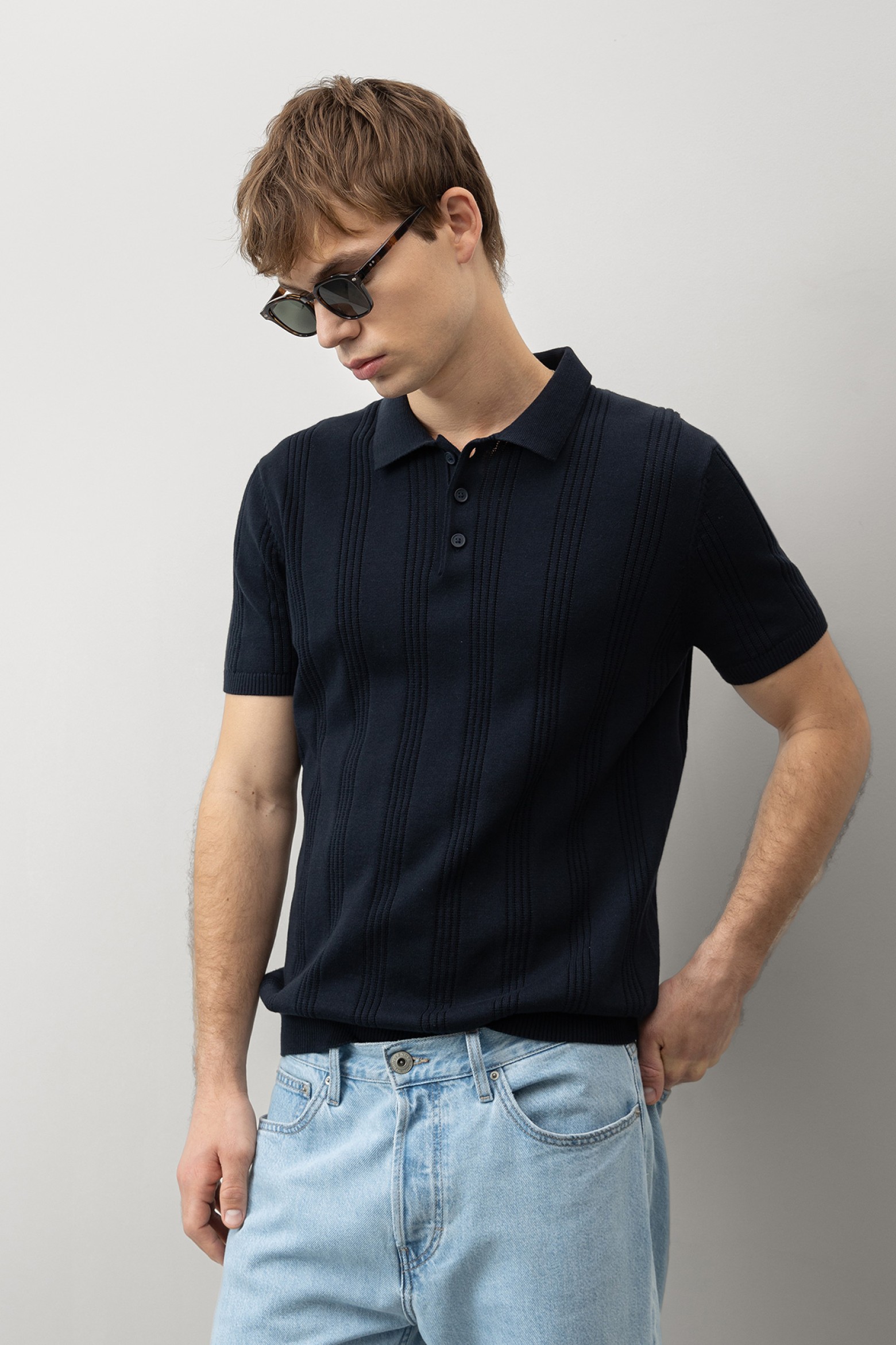 Navy Ribbed Short Sleeve Polo - 71013709_789 - Vilanova