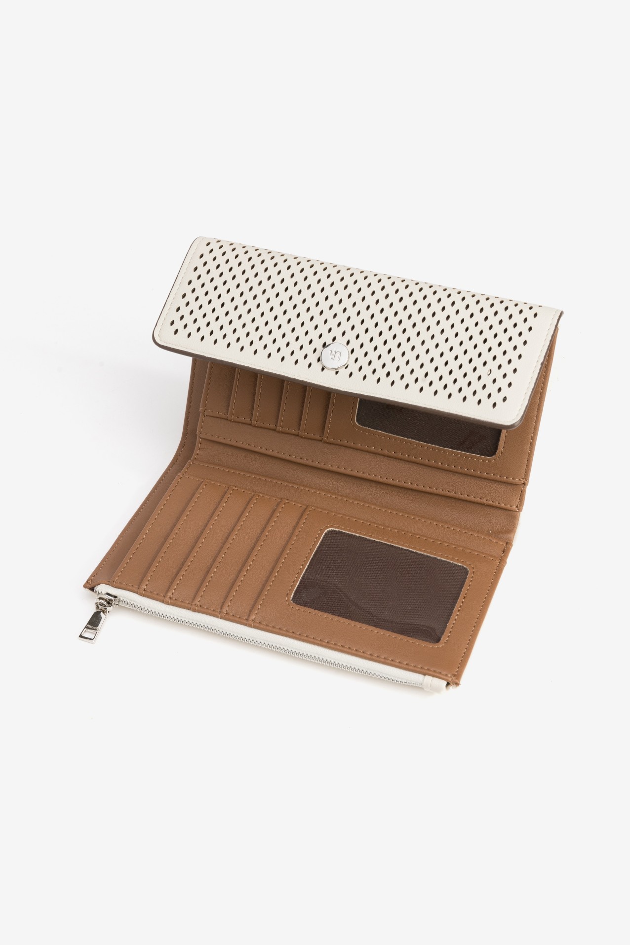 Porta-moedas bege perfurado