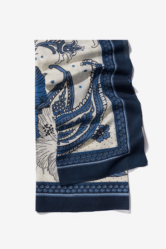 Beige Scarf With Blue Prints