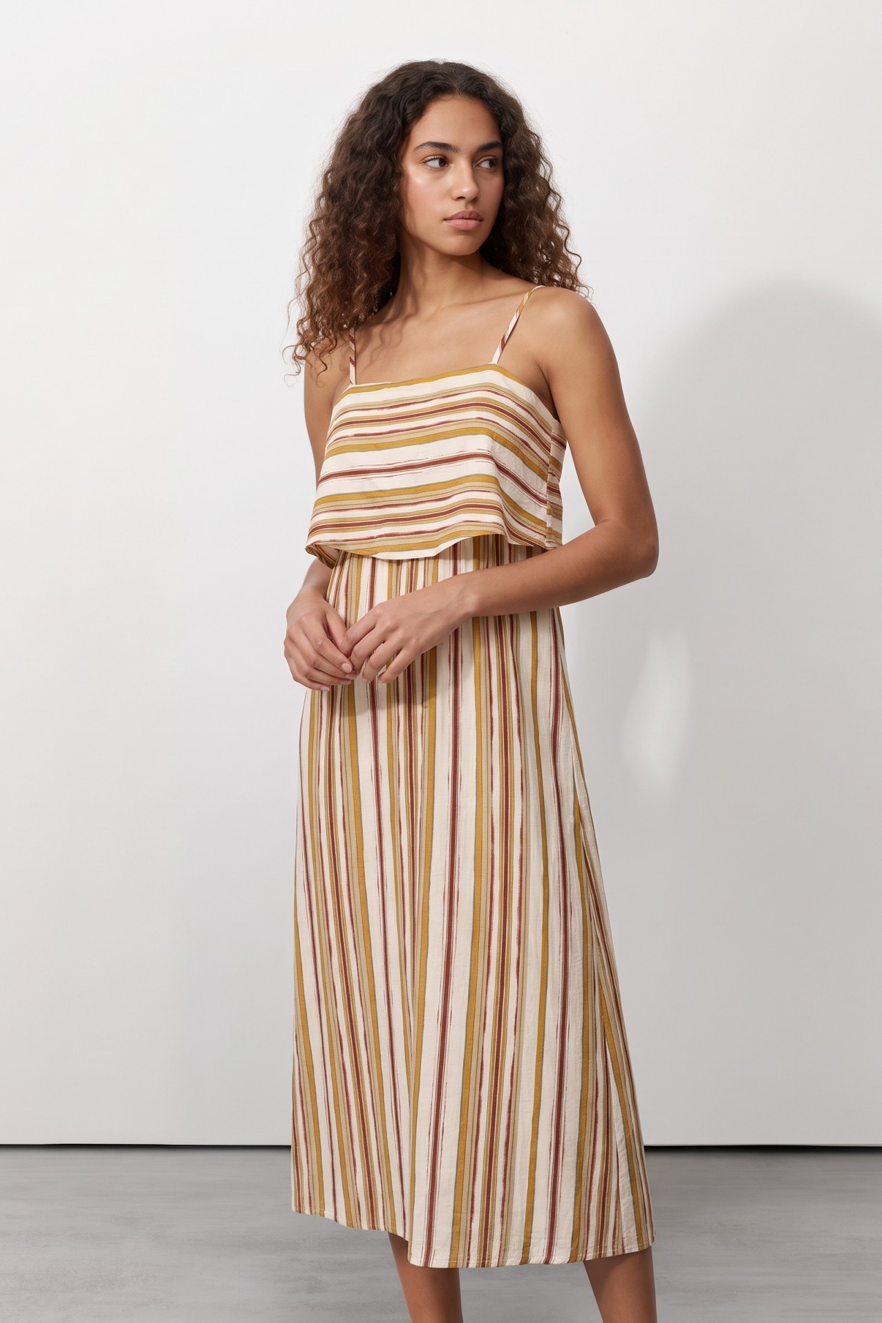 Beige Striped Midi Dress