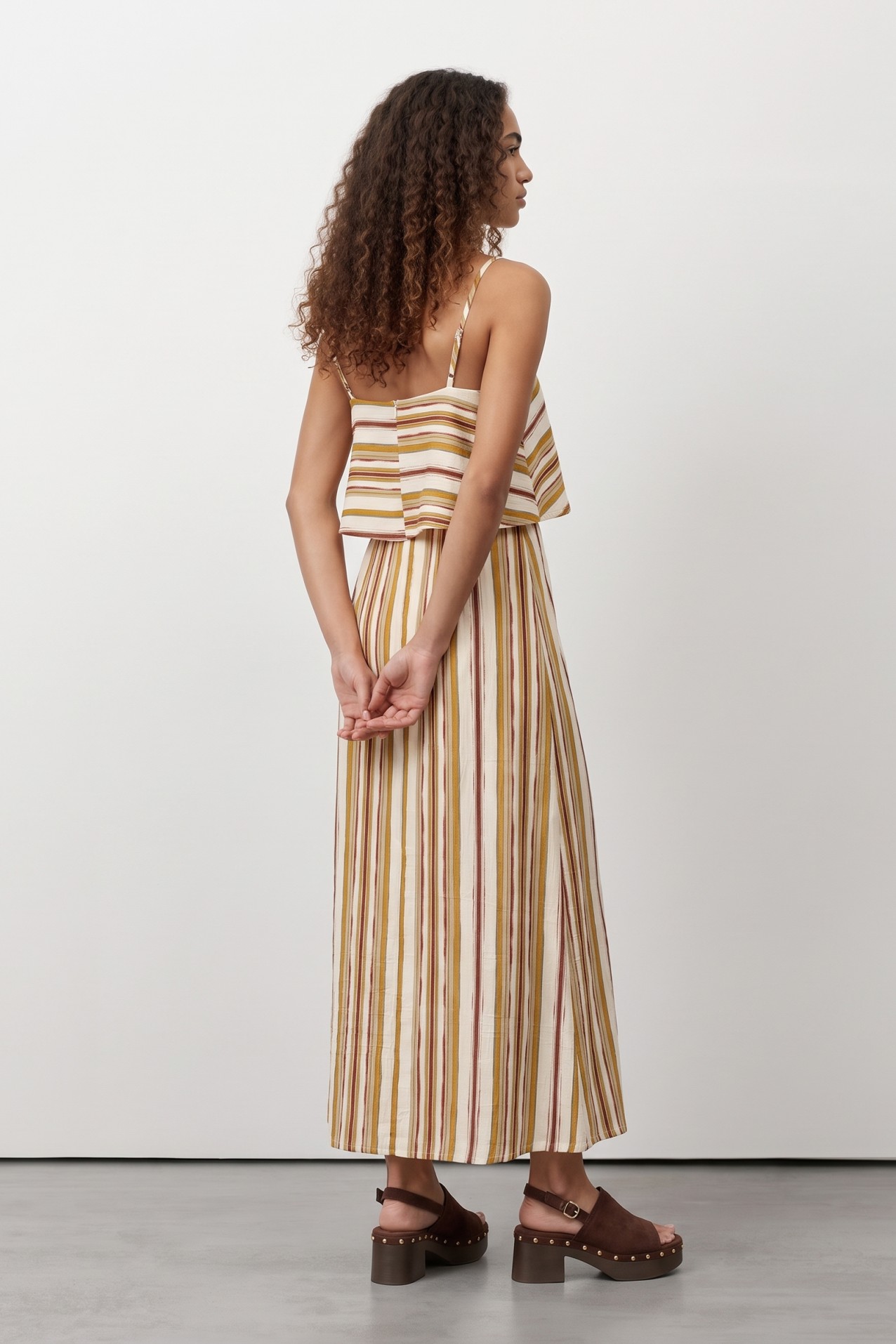 Beige Striped Midi Dress