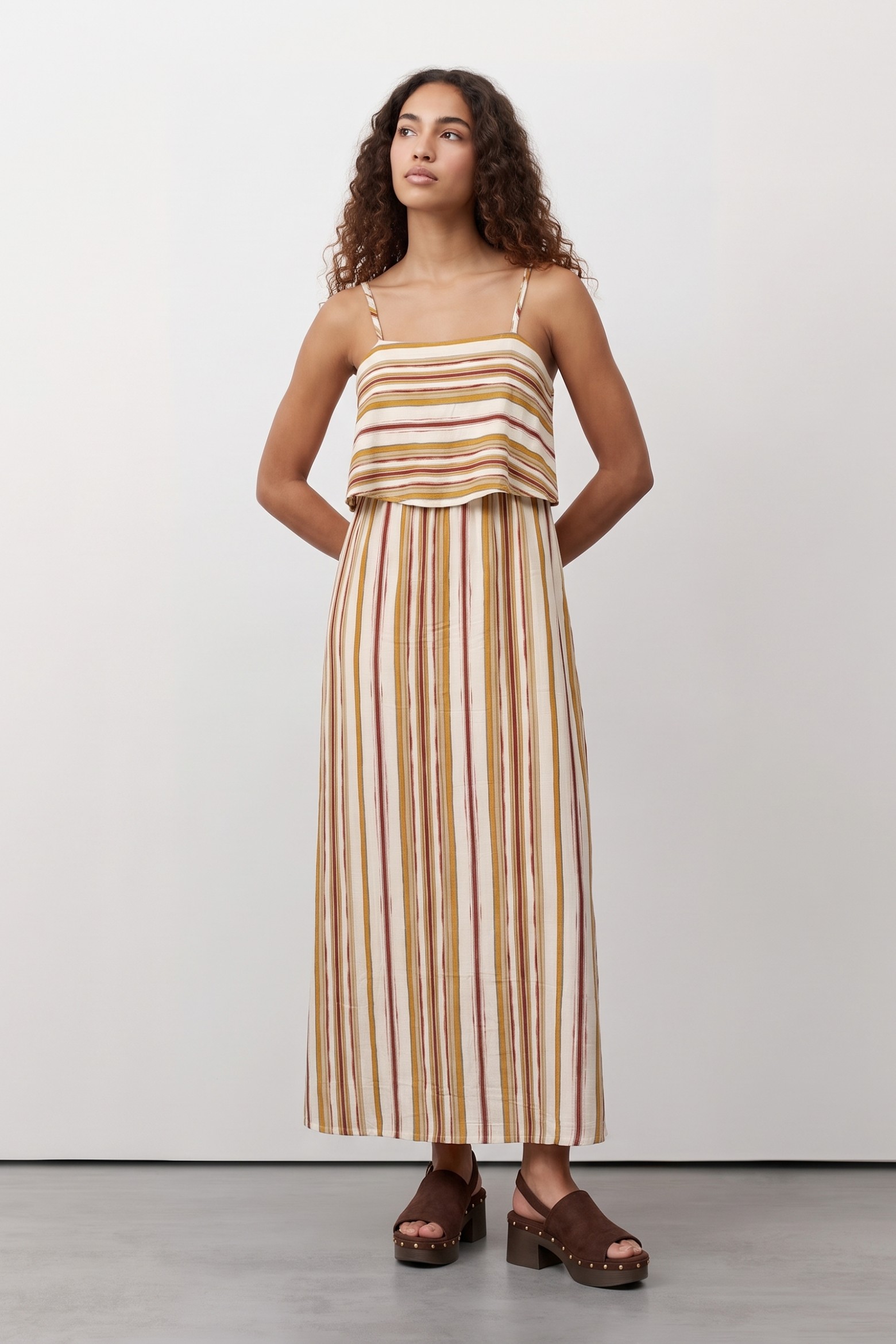 Beige Striped Midi Dress