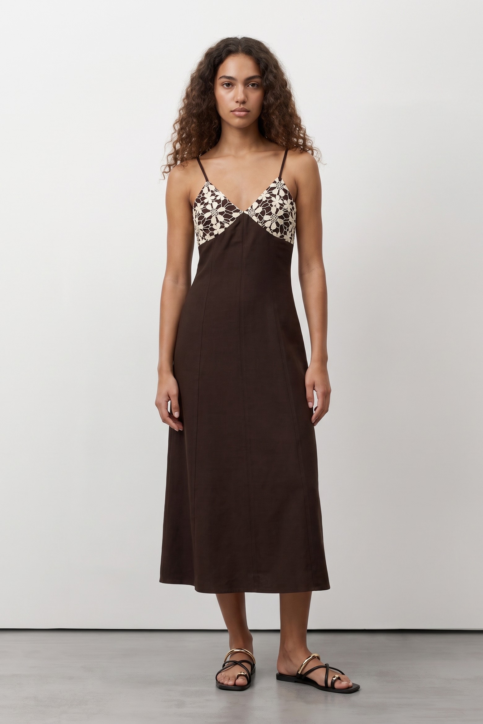 Brown Floral Trim Slim Dress