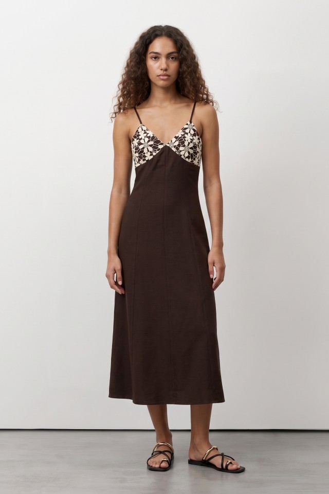 Brown Floral Trim Slim Dress