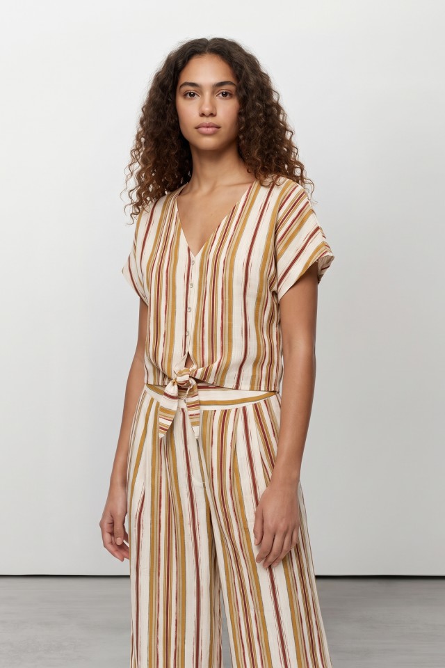 Beige Striped V-Neck Shirt