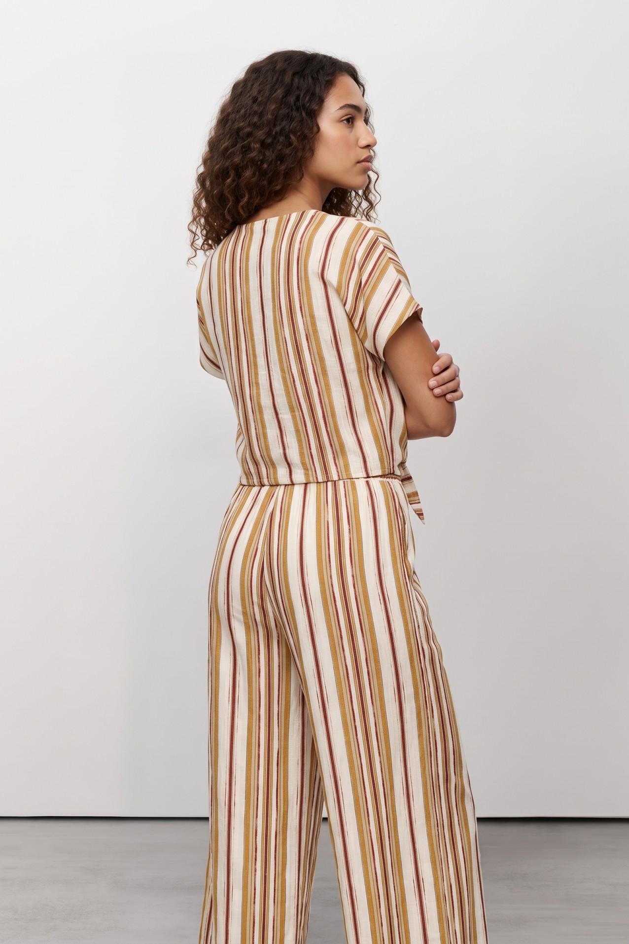 Beige Striped V-Neck Shirt