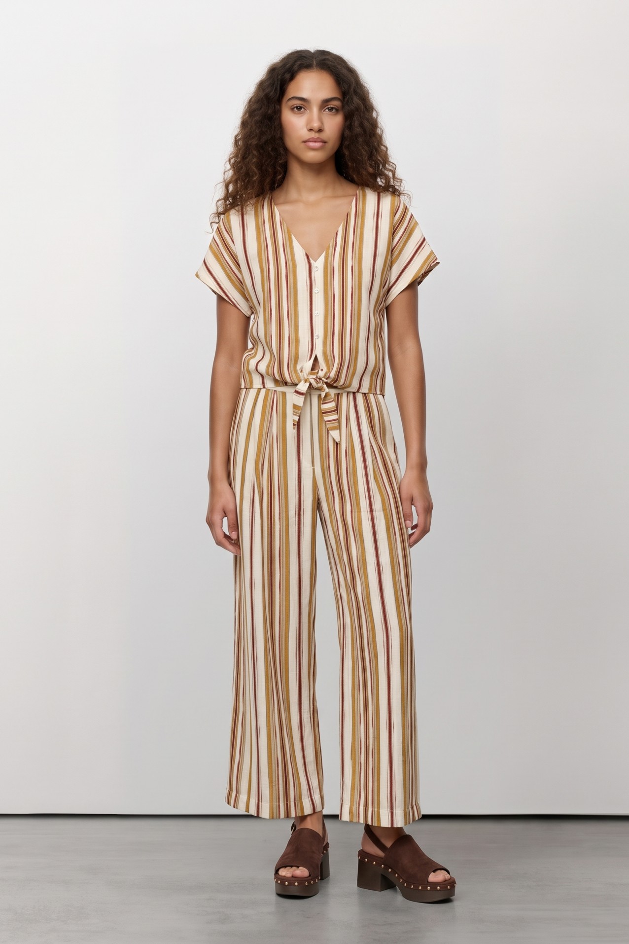 Beige Striped V-Neck Shirt