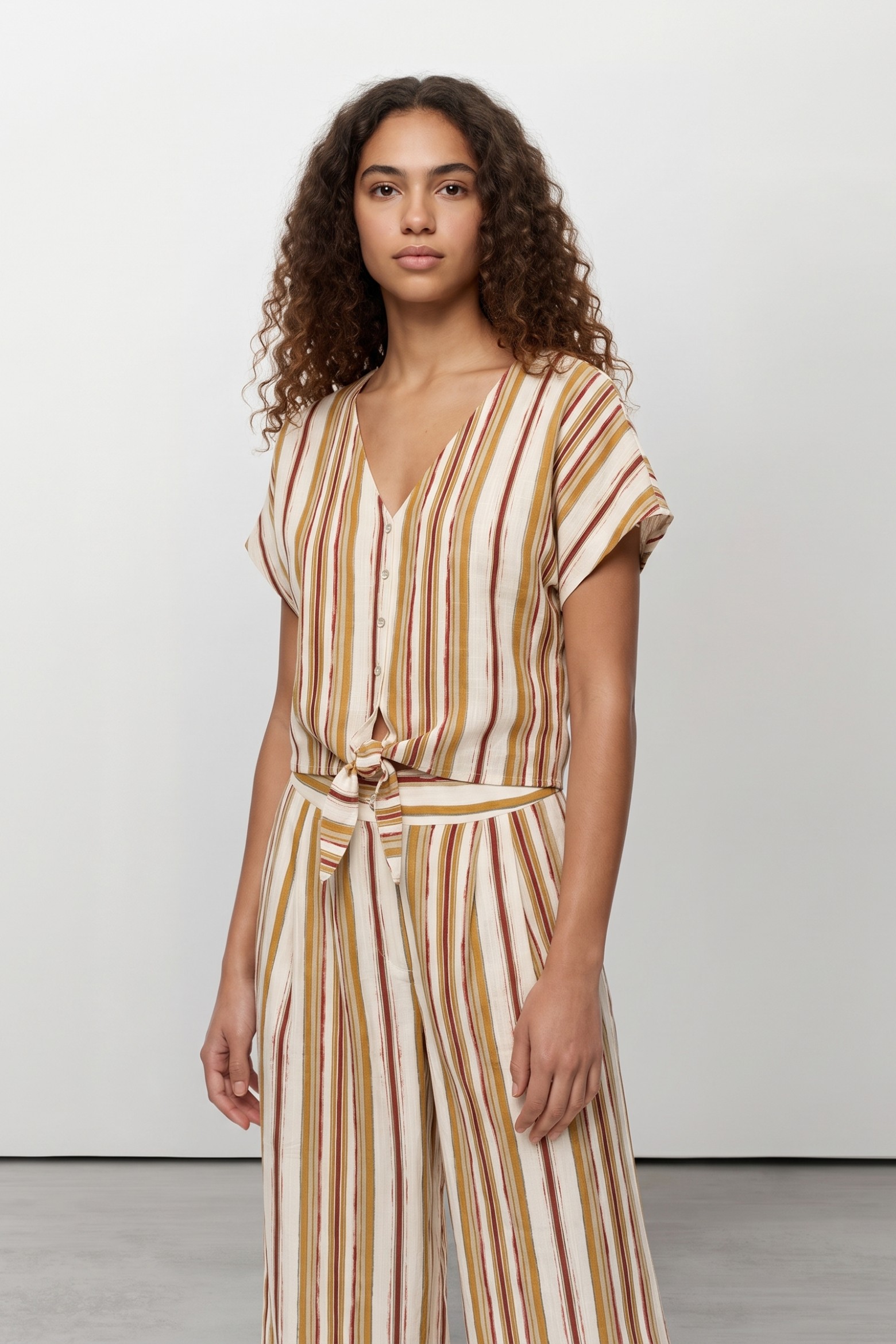 Beige Striped V-Neck Shirt