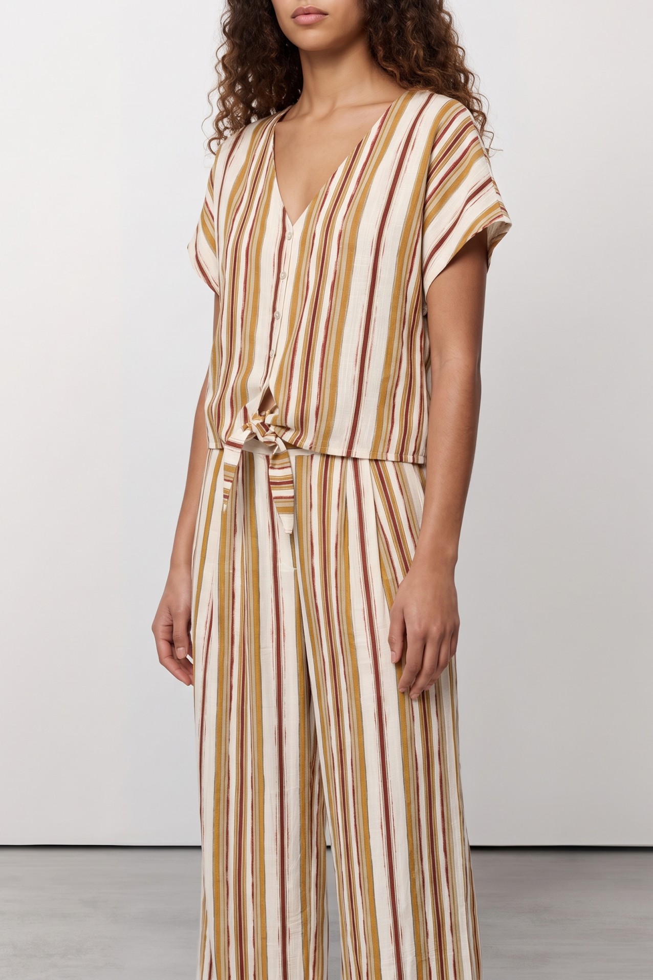Beige Striped V-Neck Shirt