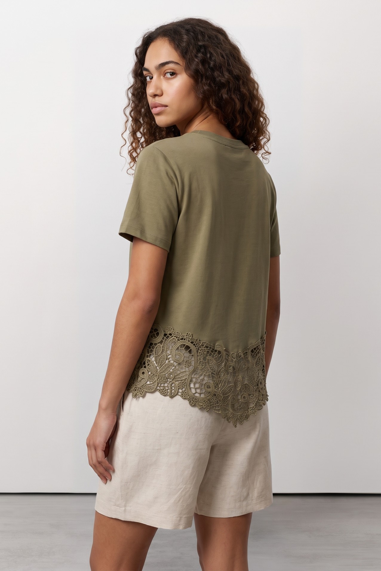 Green Regular Fit Lace Tee