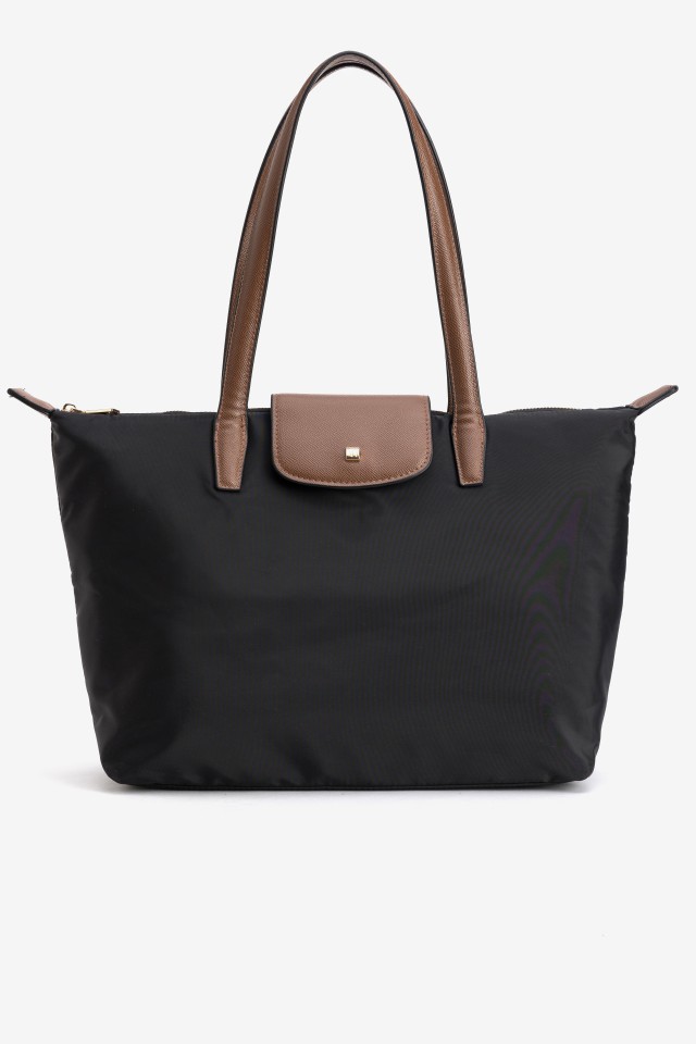 Black Tote Bag with Brown Straps