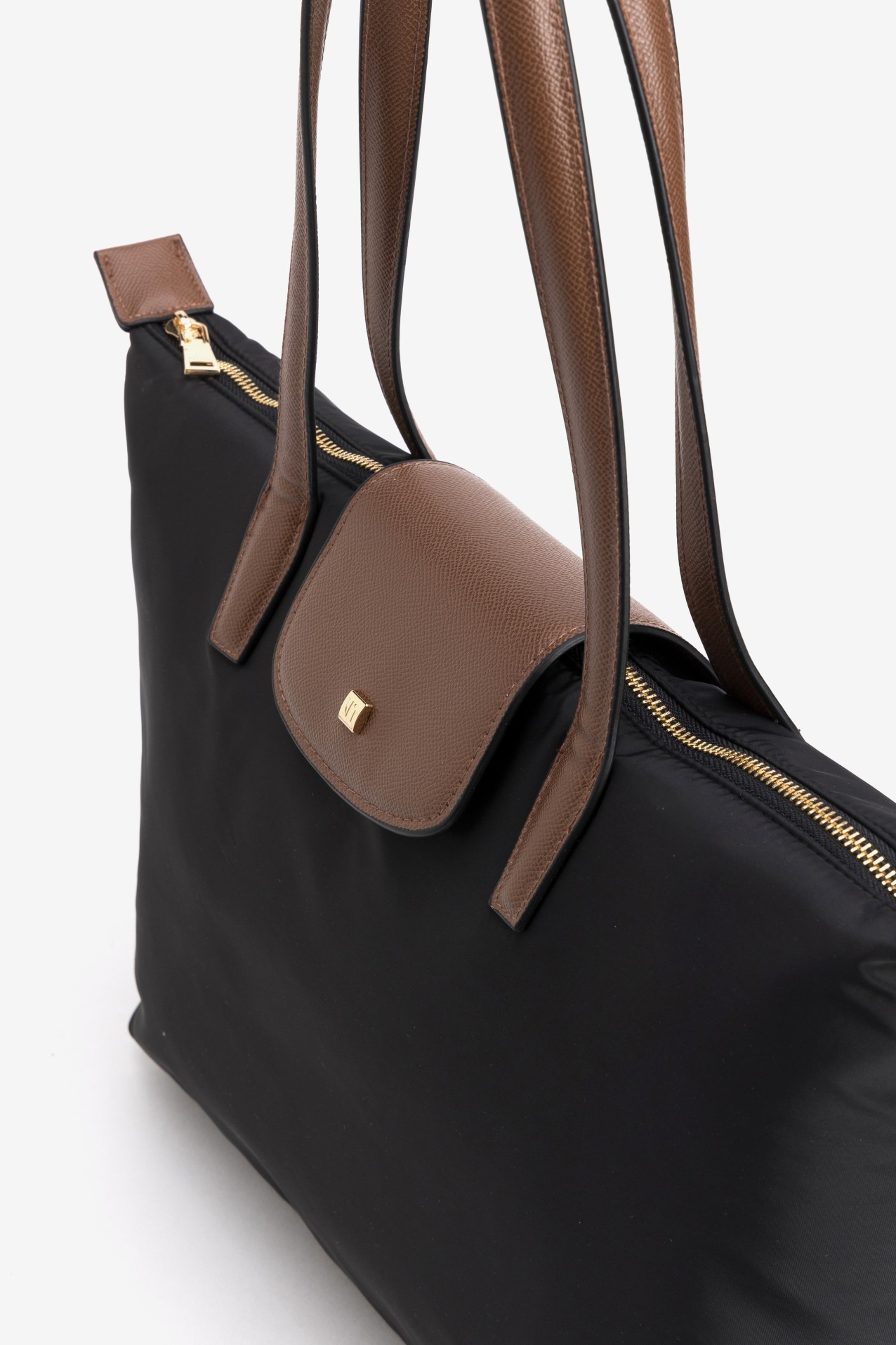Black Tote Bag with Brown Straps