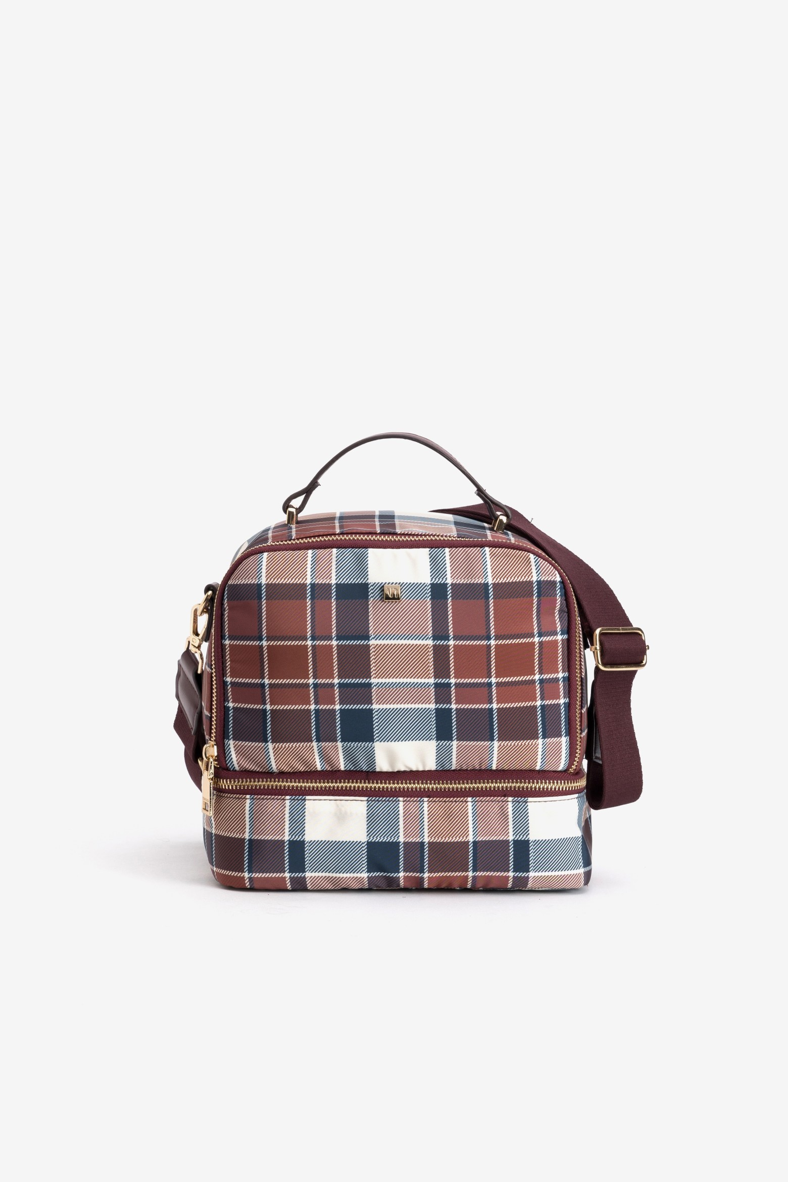 Nylon lunchbox with checkered print.