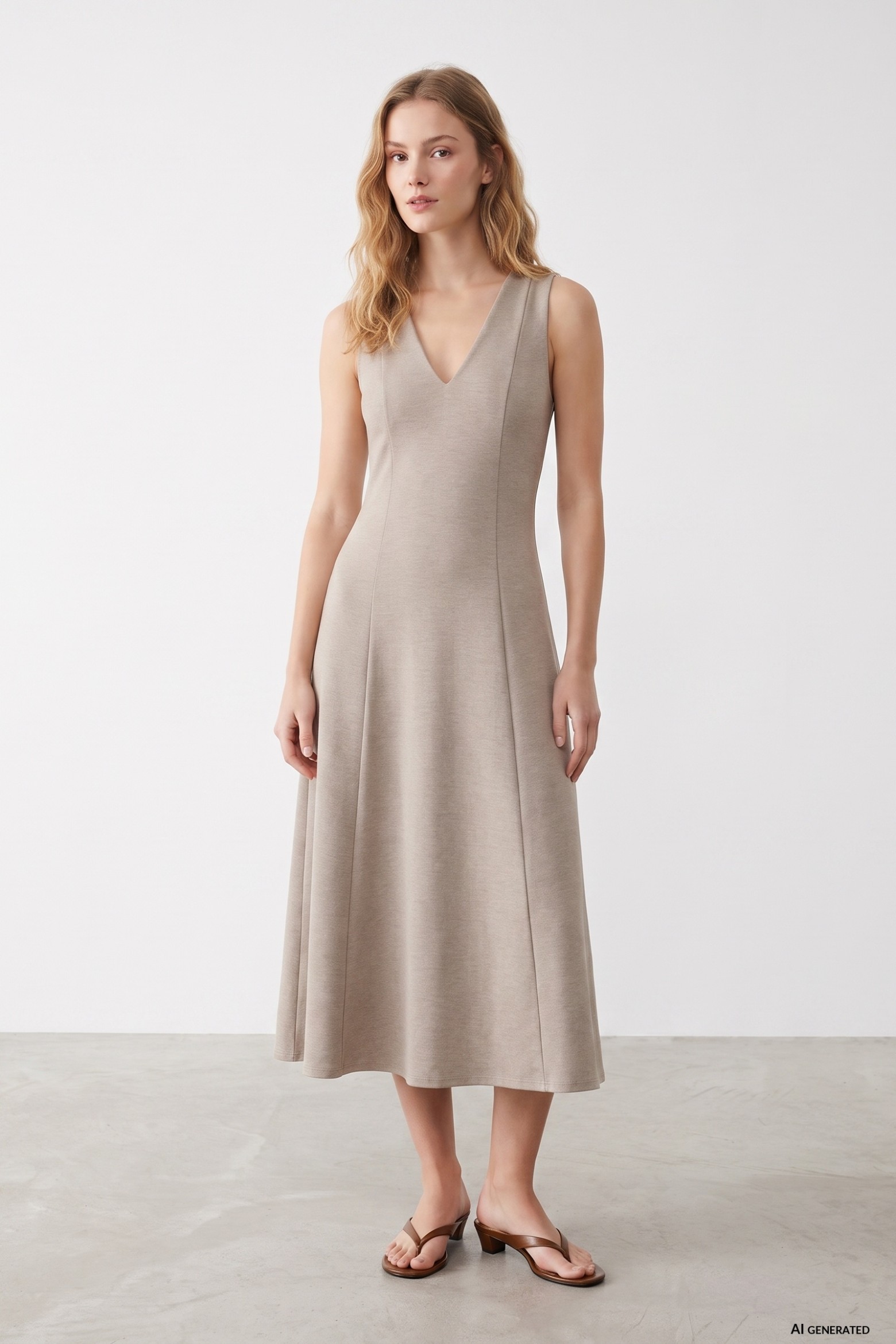 Beige Slim Midi Dress