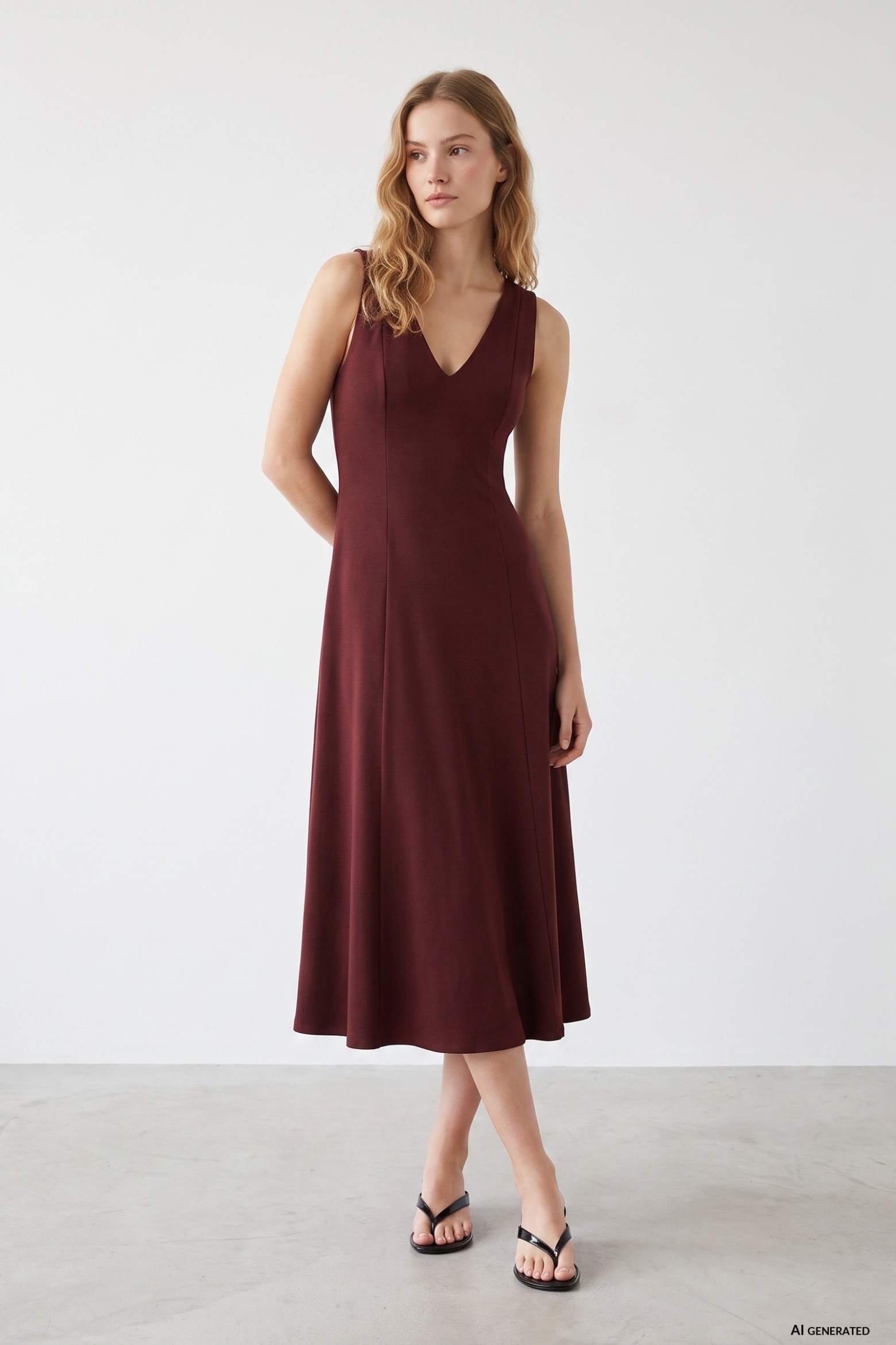 Minimal V-neck Burgundy Dress
