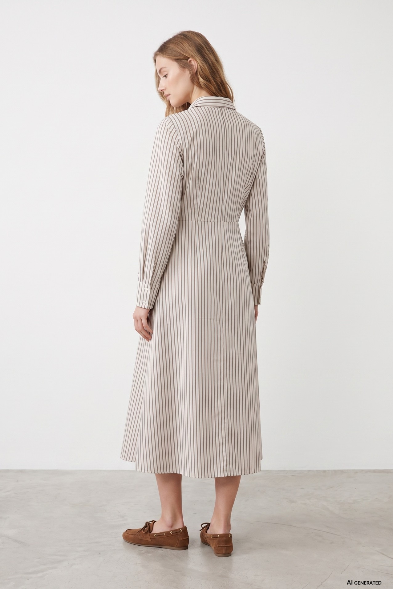 Beige Striped Midi Dress