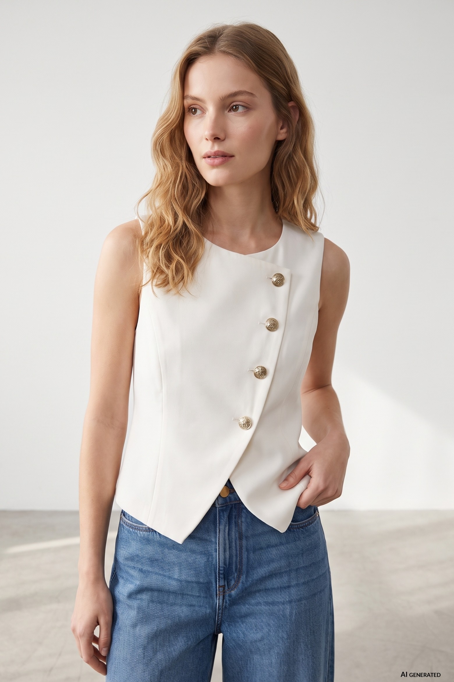 Beige Asymmetric Button Top