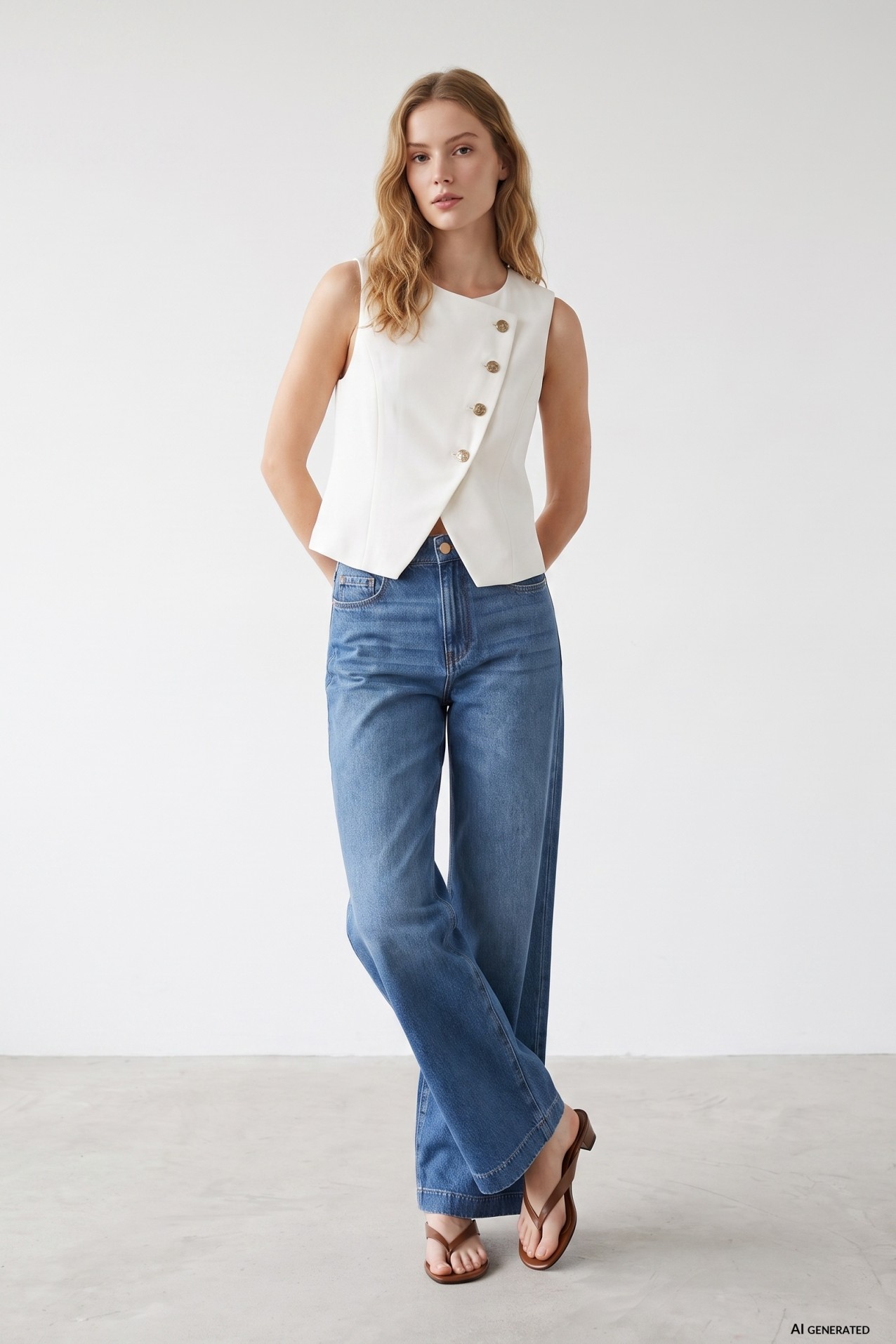 Beige Asymmetric Button Top