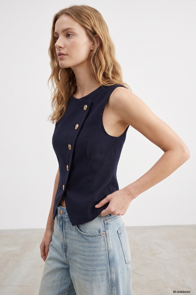 Navy Blue Button Top