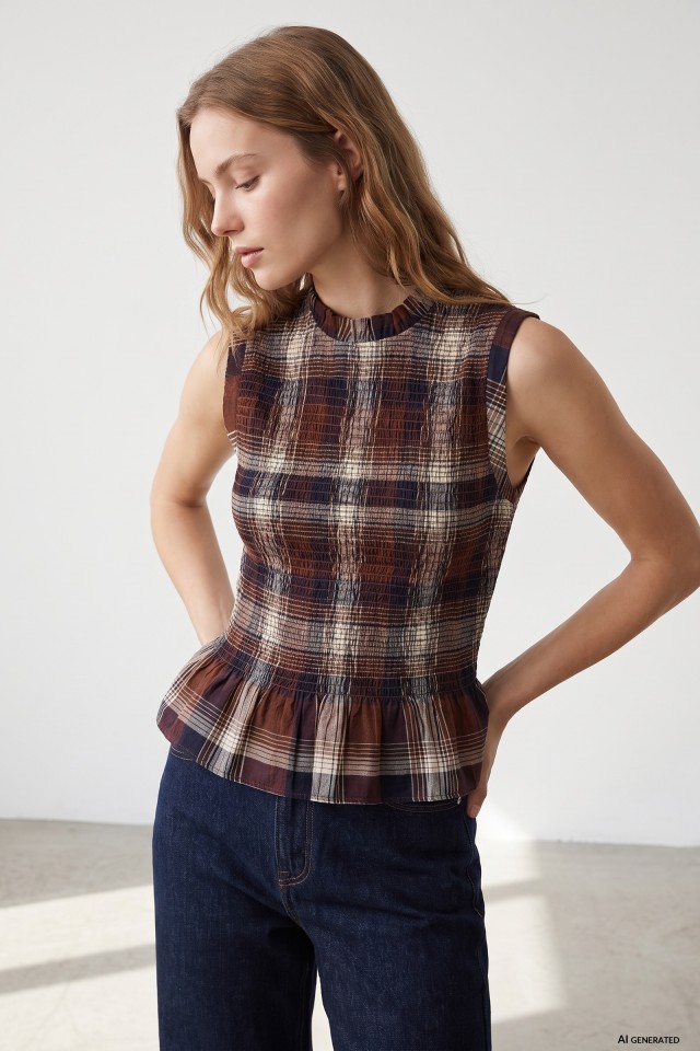 Slim Checked Peplum Top