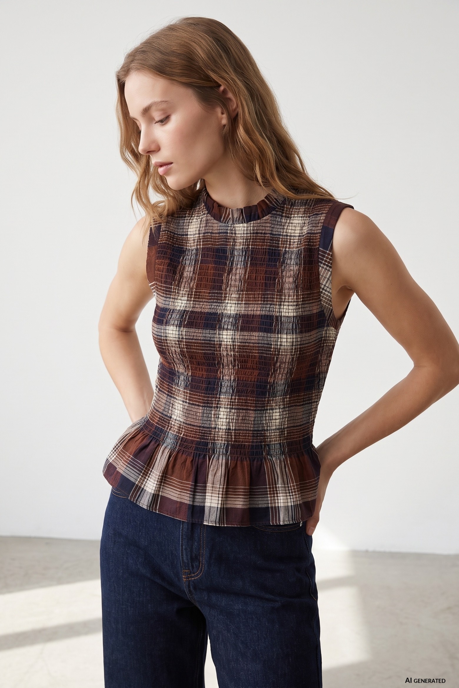 Slim Checked Peplum Top