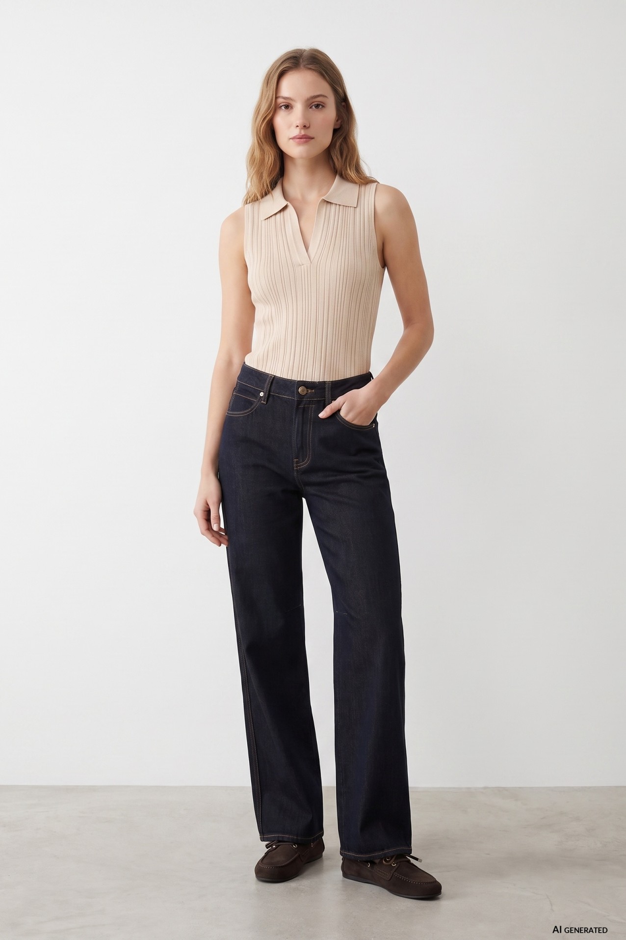 Beige Slim Ribbed Knit Top