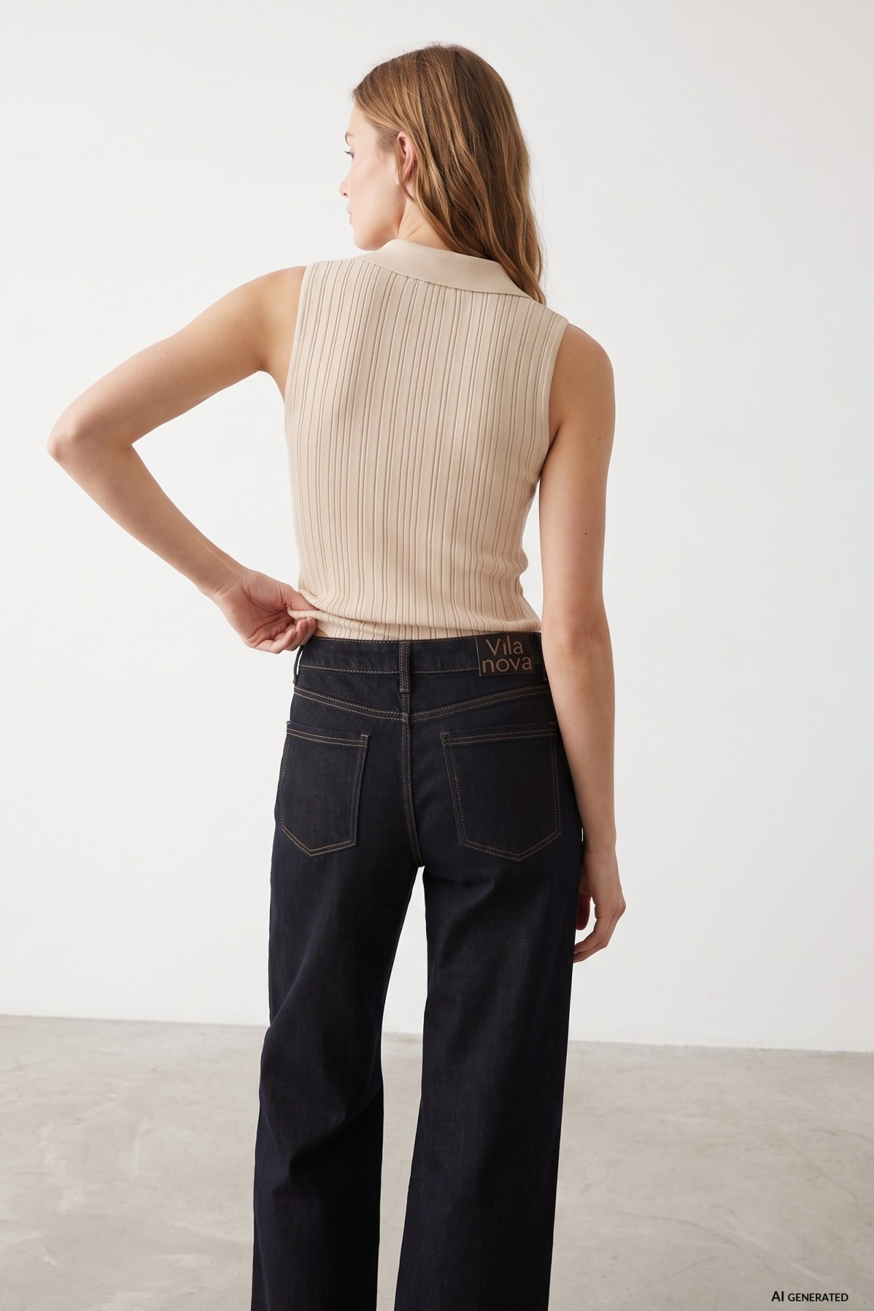 Beige Slim Ribbed Knit Top