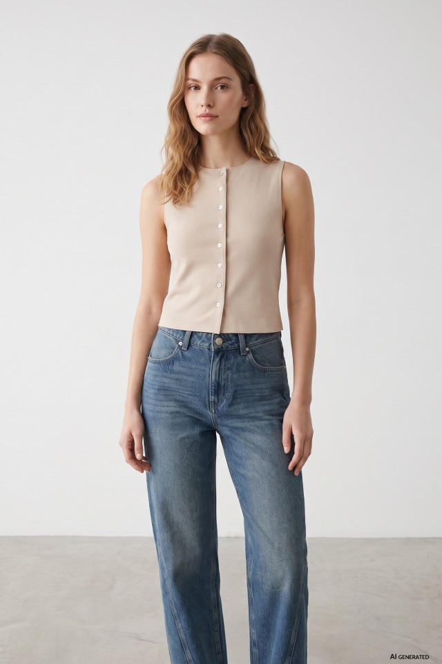 Beige Sleeveless Buttoned Top