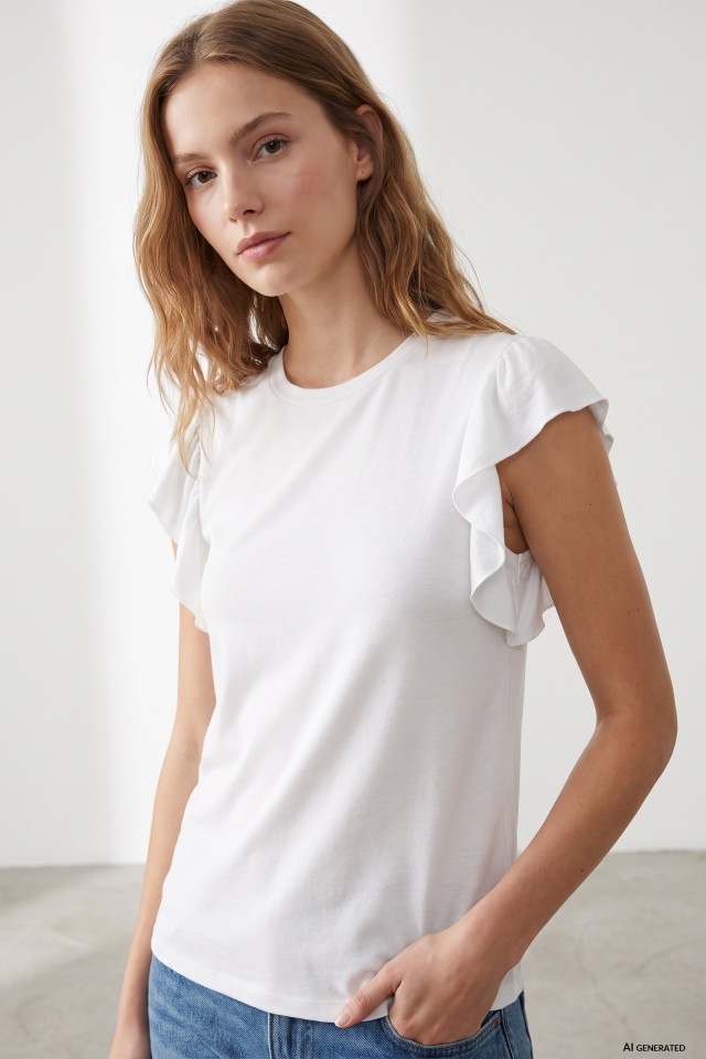 White Slim Fit Ruffled Tee
