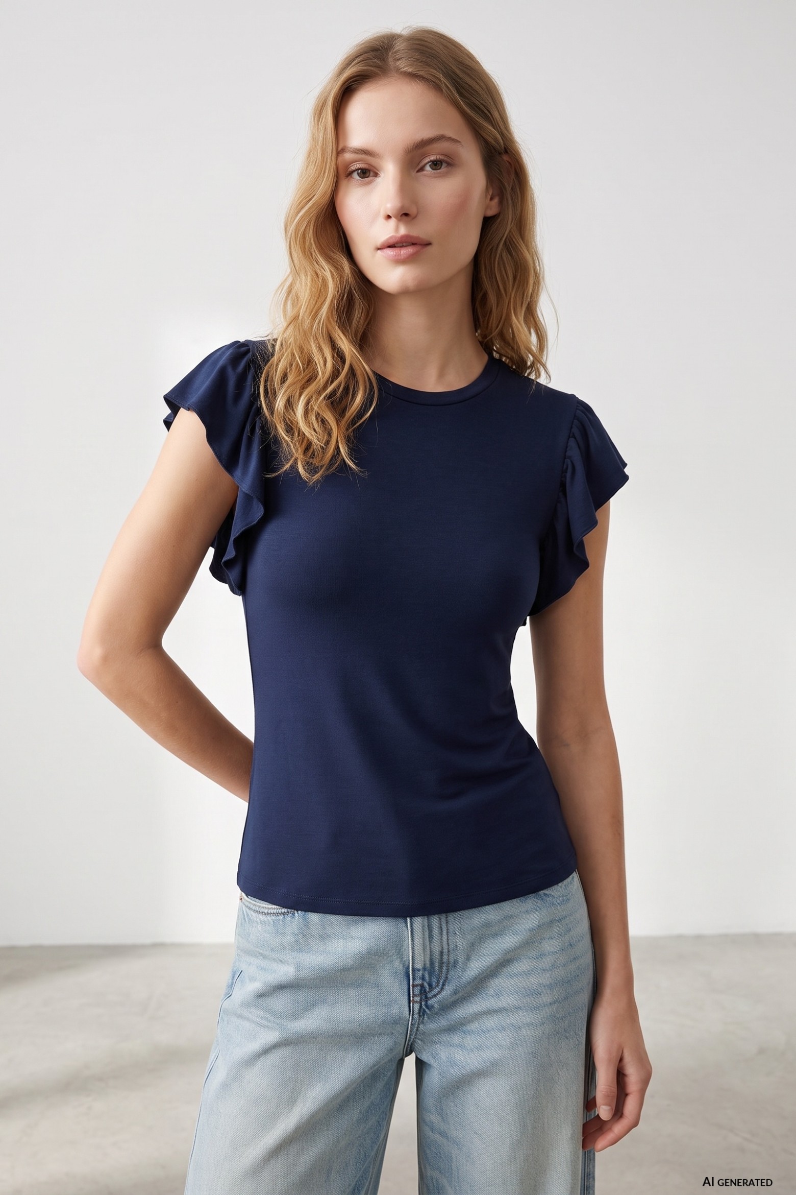 Navy Super Slim Ruffle Tee