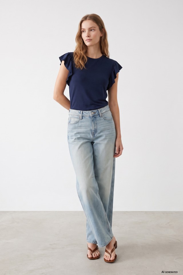T-shirt azul com folhos T-shirt azul com folhos
