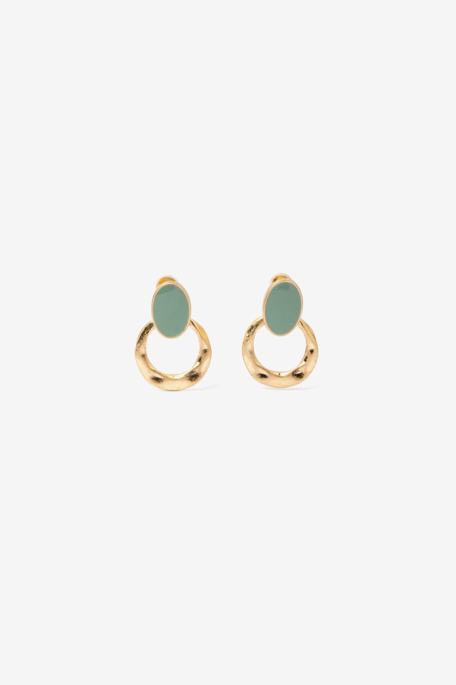 Gold green circle earrings