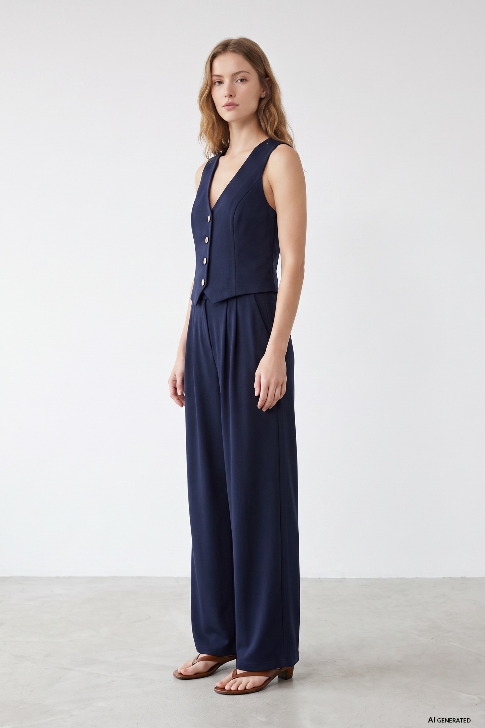 Wide Leg Navy Trousers