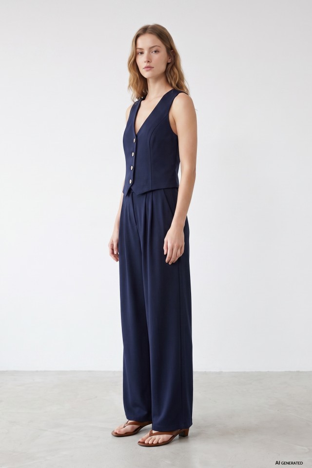Wide Leg Navy Trousers