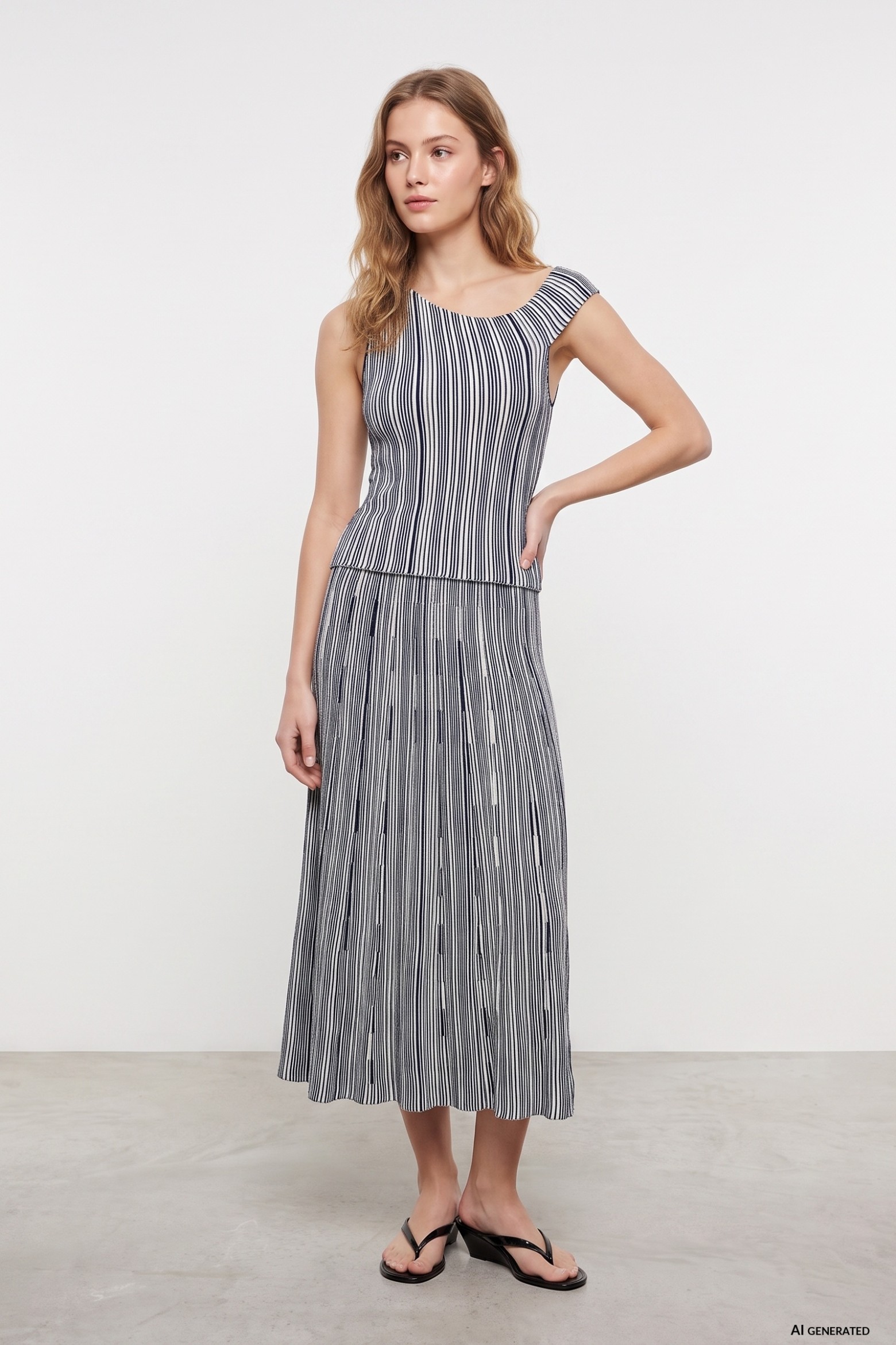 Blue Pleated Midi Skirt