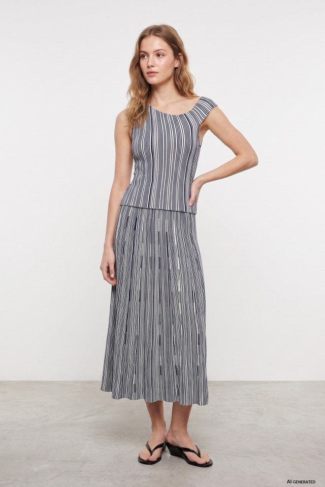Blue Pleated Midi Skirt