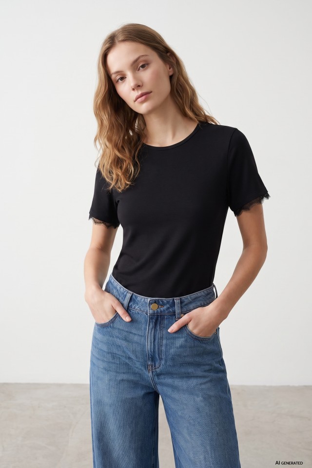 Slim Black T-shirt Lace Detail