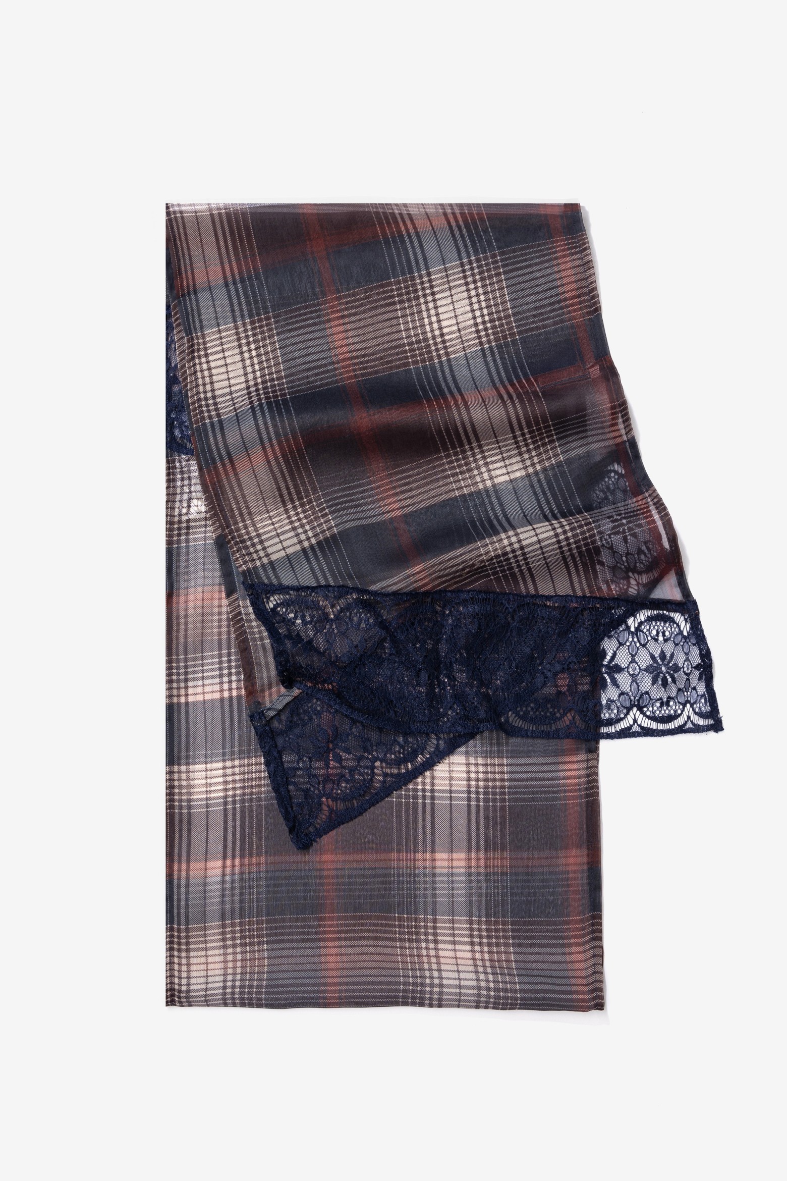 Blue Checked Scarf with Lace