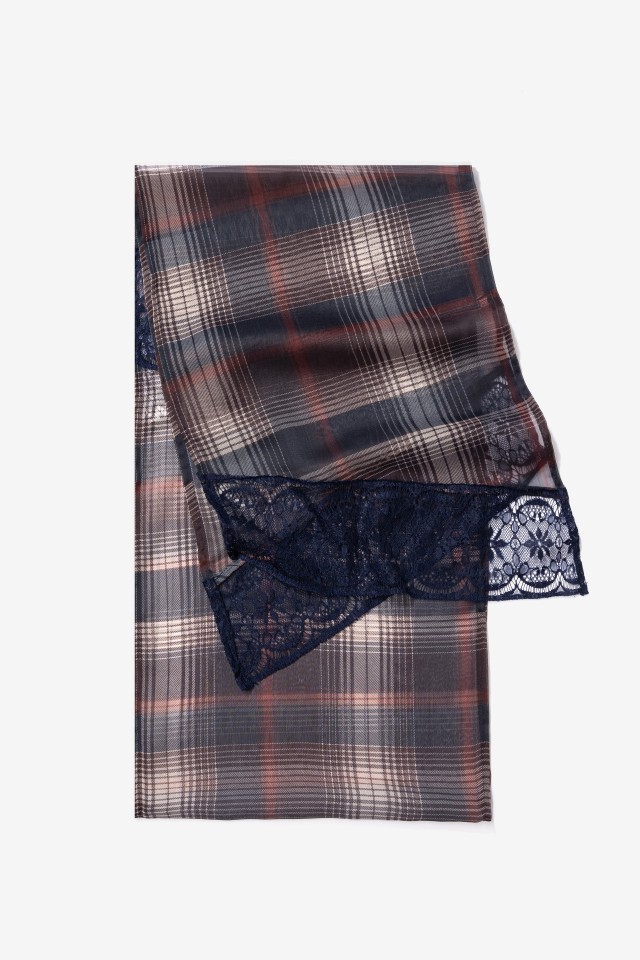 Blue Checked Scarf with Lace Blue Checked Scarf with Lace