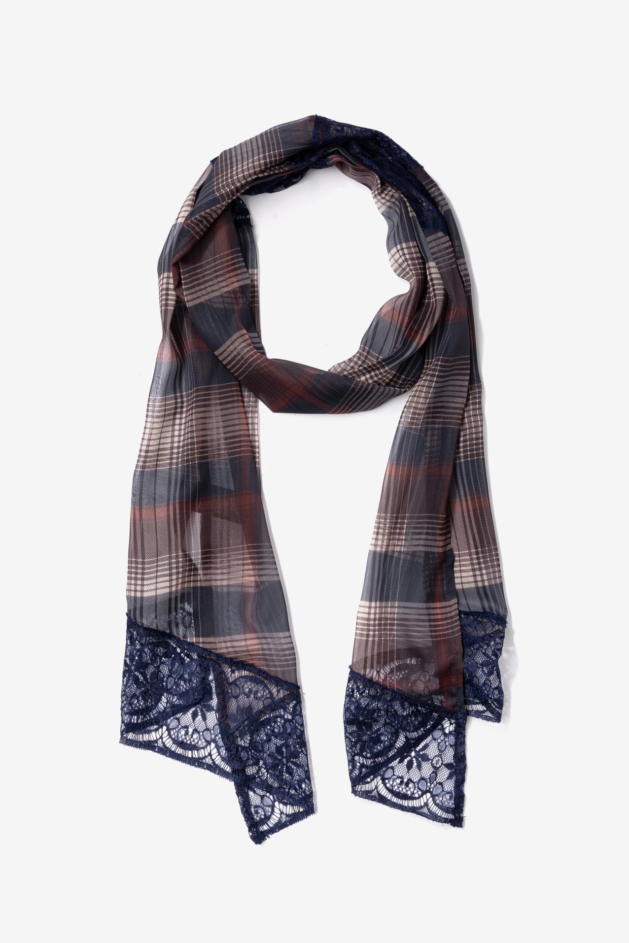 Blue Checked Scarf with Lace