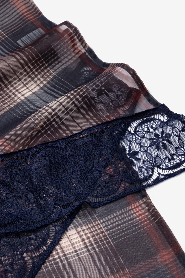 Blue Checked Scarf with Lace Blue Checked Scarf with Lace