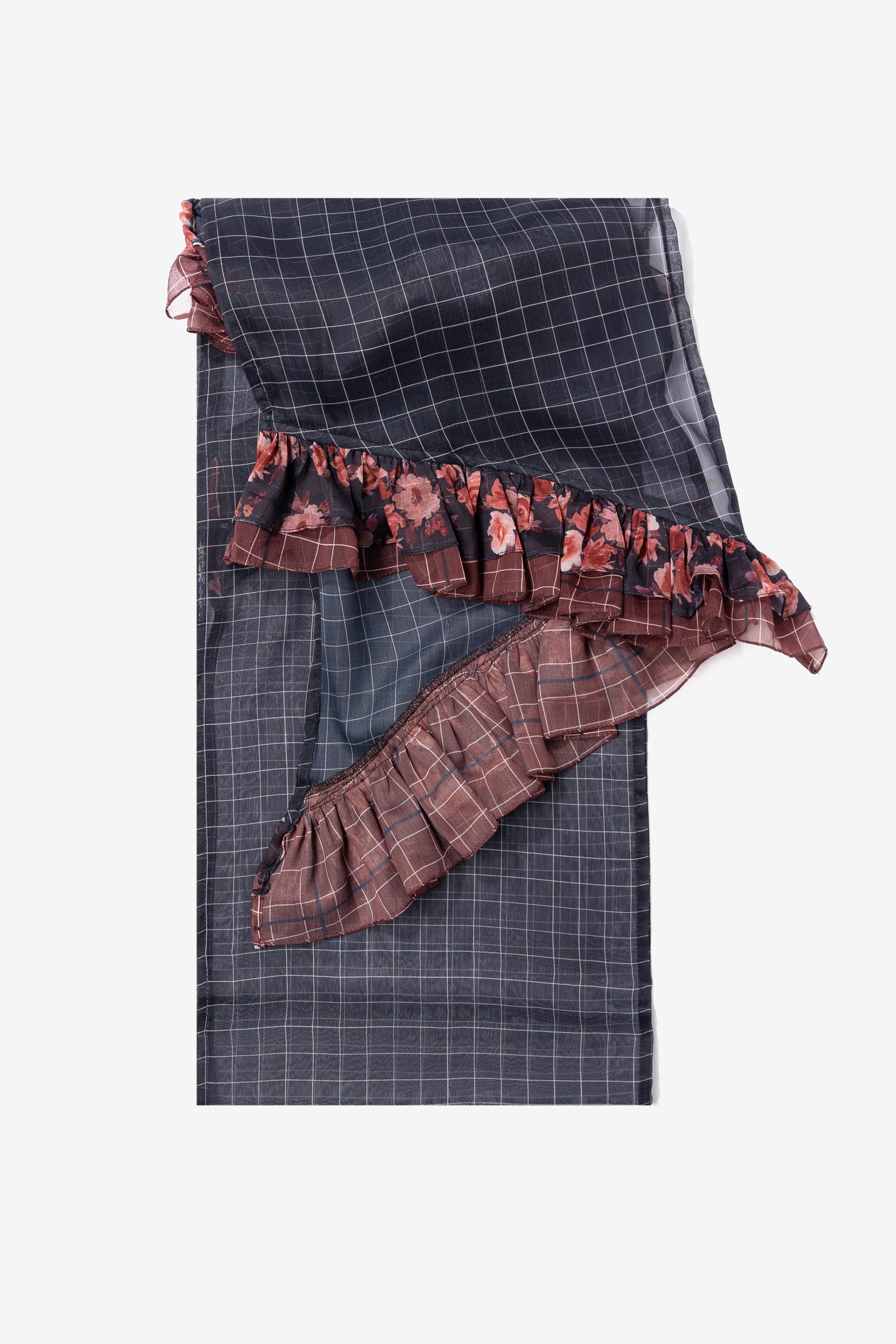 Blue Checked Scarf with Ruffles