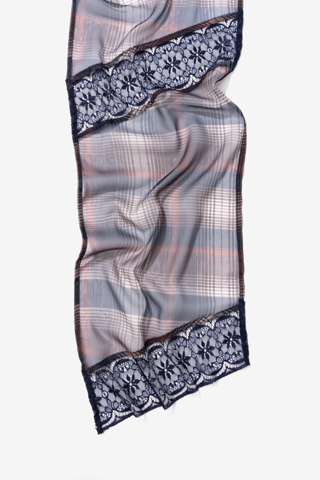 Blue Checked Scarf with Lace Blue Checked Scarf with Lace